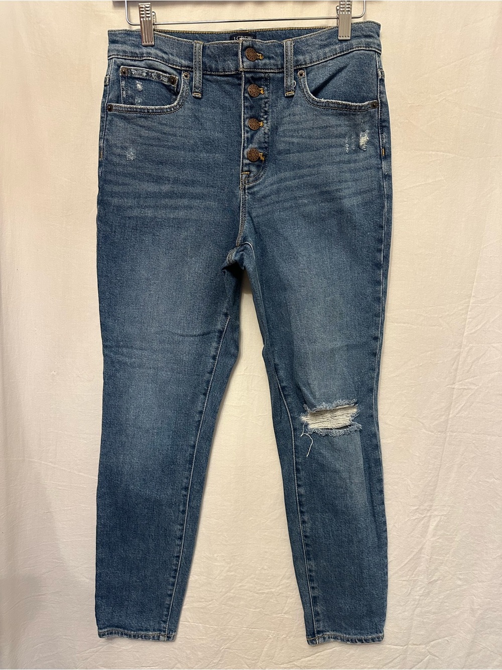 J.Crew 10” High Rise Skinny Jeans 27 Button Fly Distressed Stretch Denim